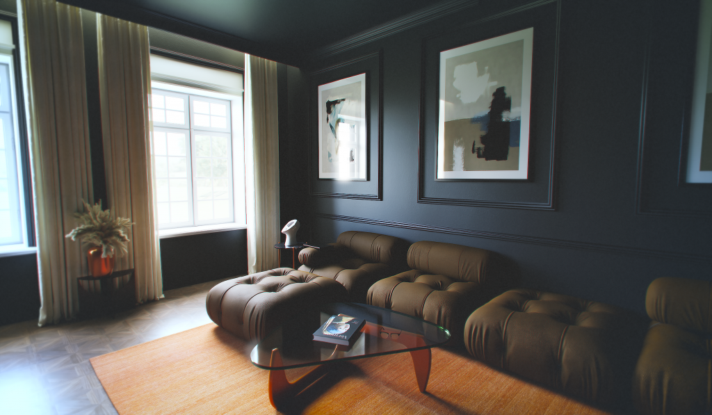Salon luxueux avec un canapé en cuir marron capitonné.