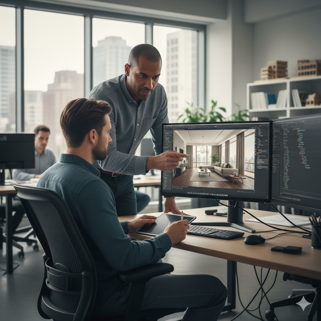 Graphiste 3D en formation devant son poste de travail accompagné d'un formateur qui lui explique comment procéder.
